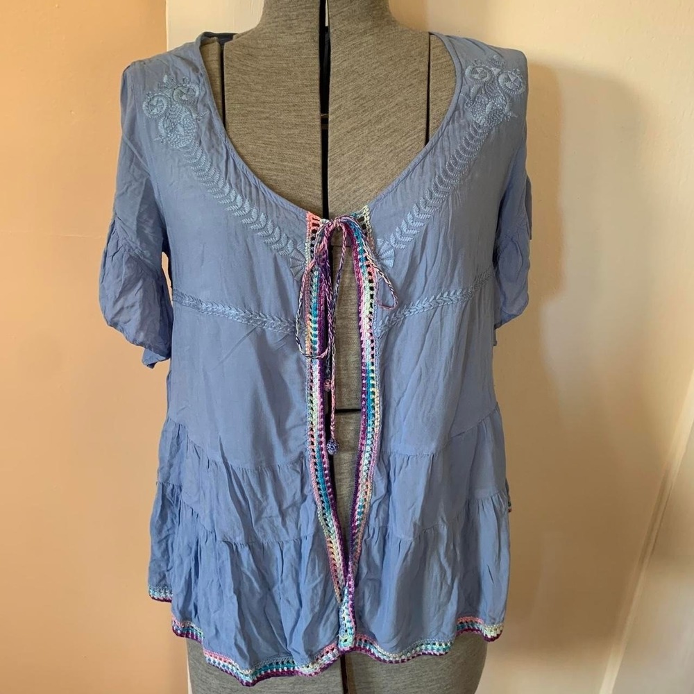 Upcycled Blue Embroidered Tiered Peasant Top Crochet Trim Tie Front